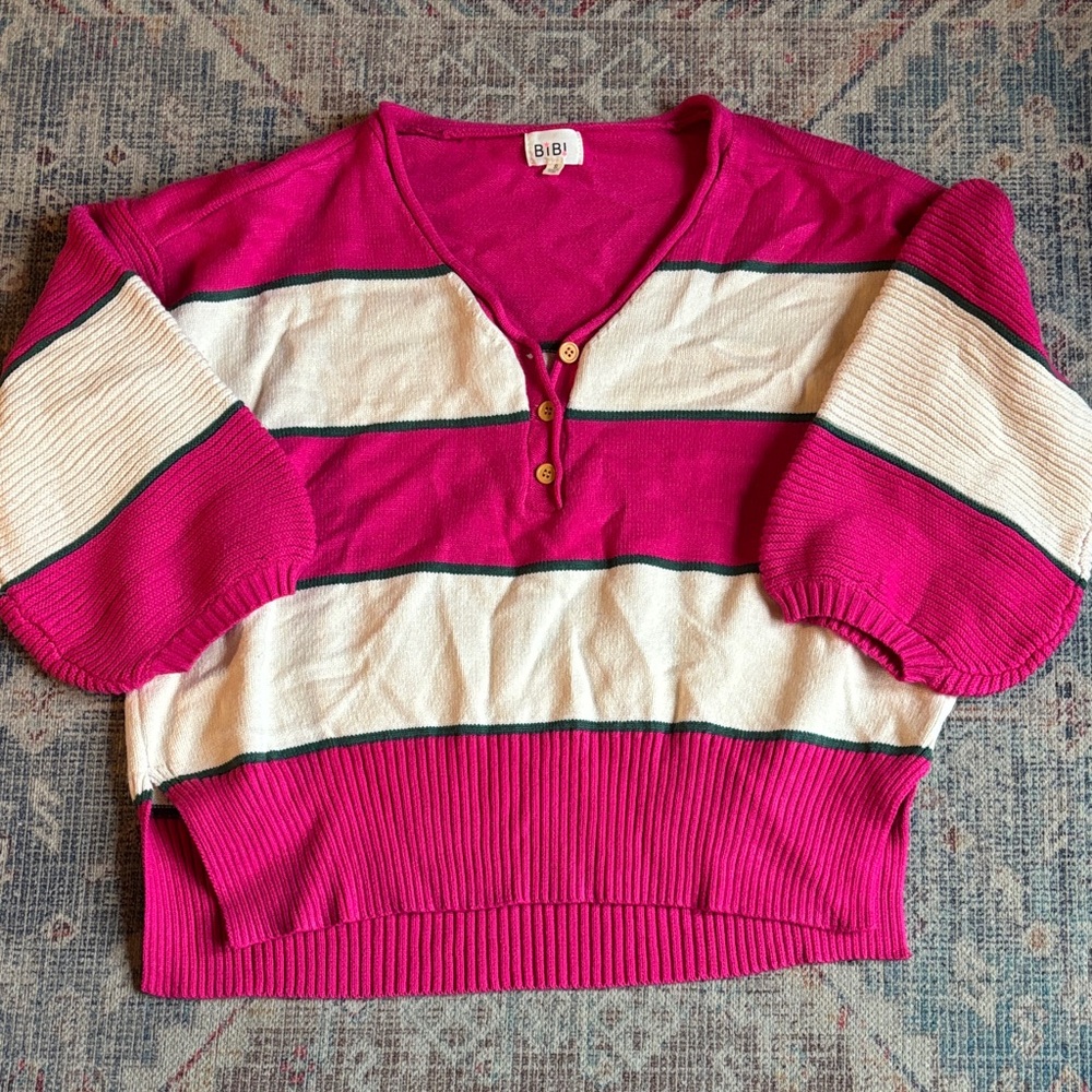 BiBi V-Neck Sweater in Pink and Cream Stripes
